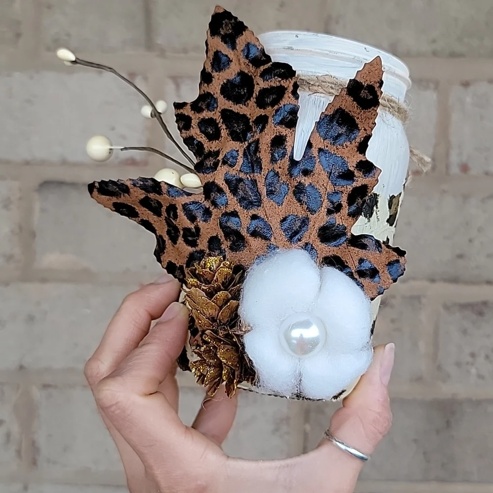 Decoupage Fall/Autumn leaf Animal print Mason jar Handmade